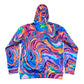 Starburst Drip athletic hoodie by Drip Drop Labs featuring vibrant colorful drip design on black fabric.