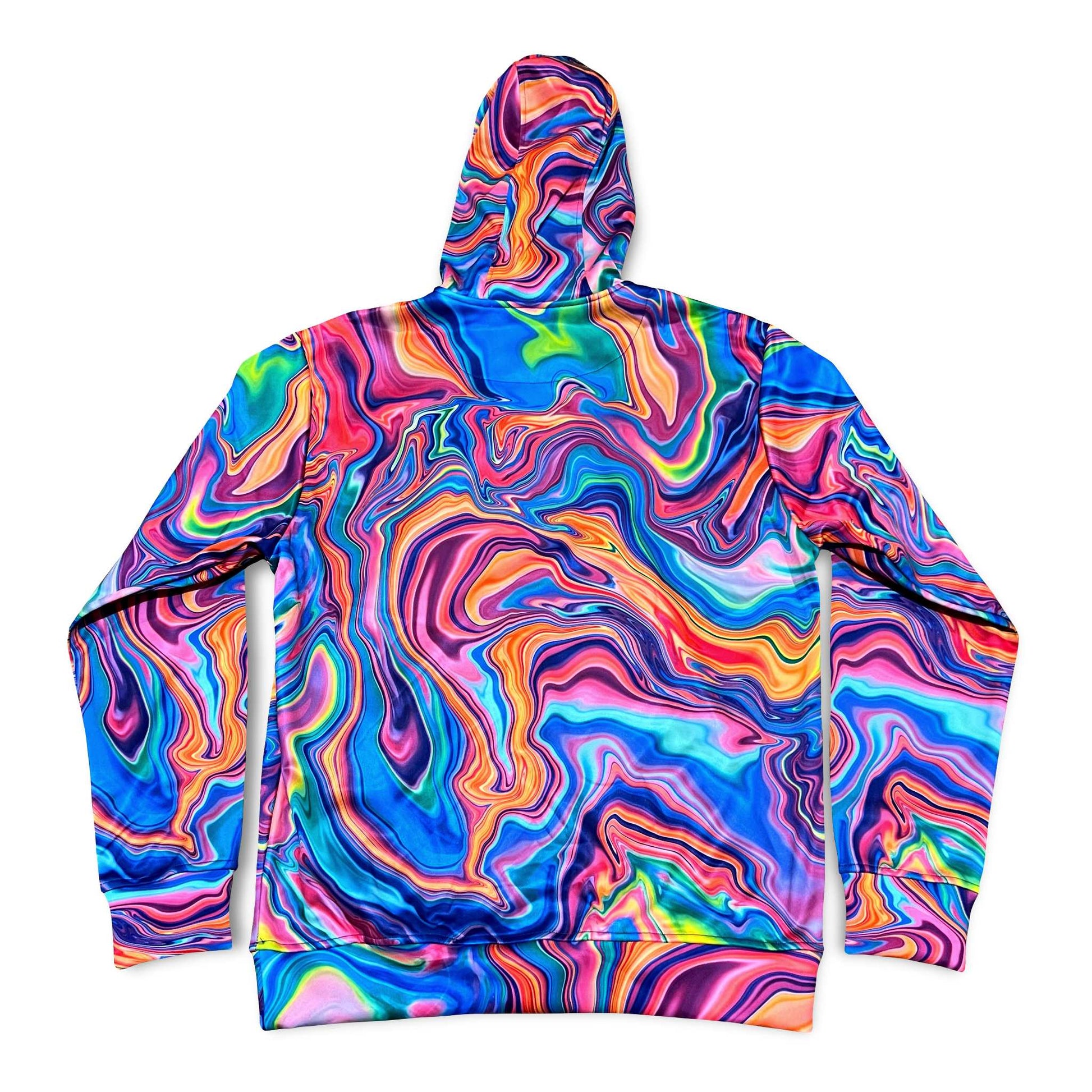 Starburst Drip athletic hoodie by Drip Drop Labs featuring vibrant colorful drip design on black fabric.