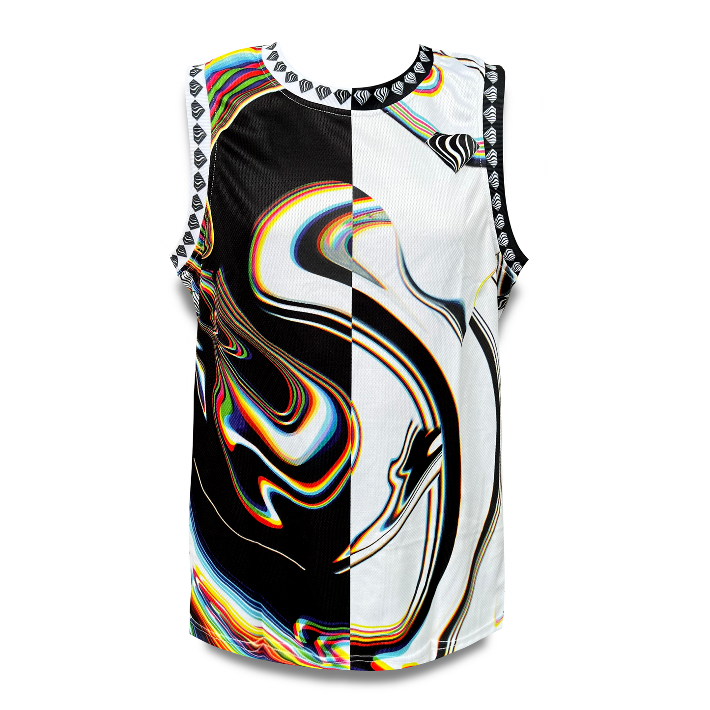 Drip Drop Labs Super Future basketball jersey with split look, featuring bold graphics and vibrant colors on a sleeveless athletic jersey.