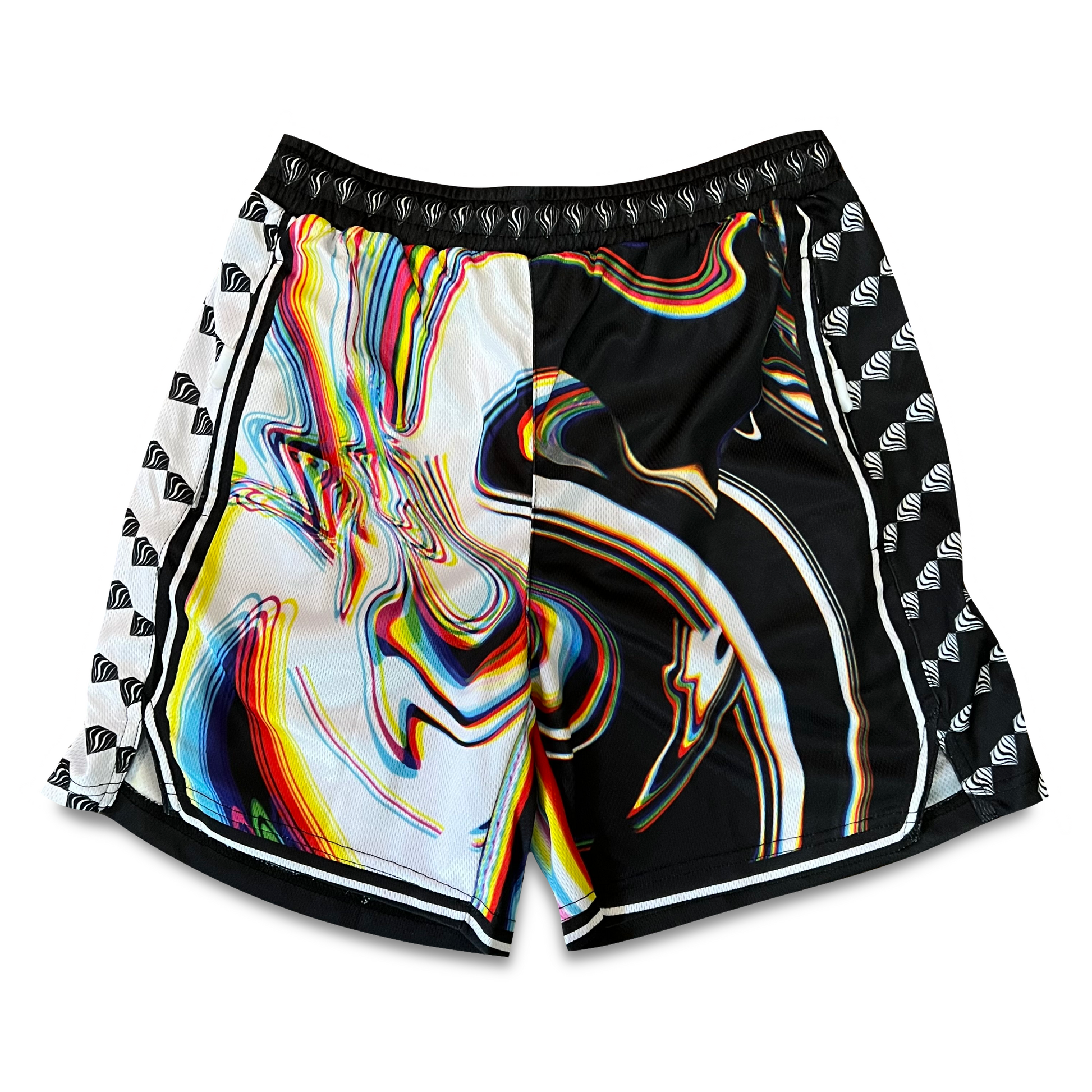 Drip Drop Labs Super Future basketball shorts in vibrant colors with athletic design and logo detail.