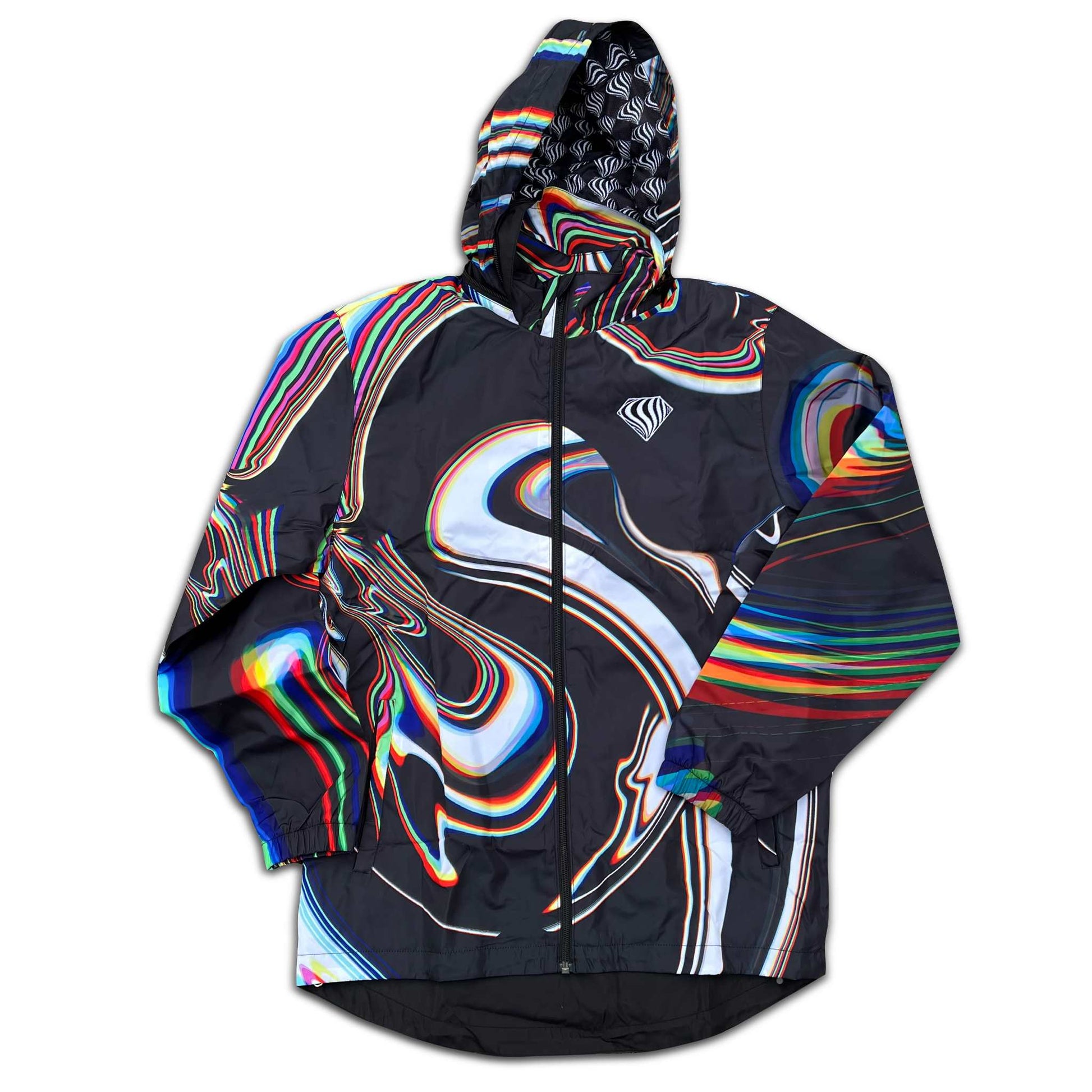 Black windbreaker jacket by Drip Drop Labs, featuring lightweight fabric and a sleek, modern design.