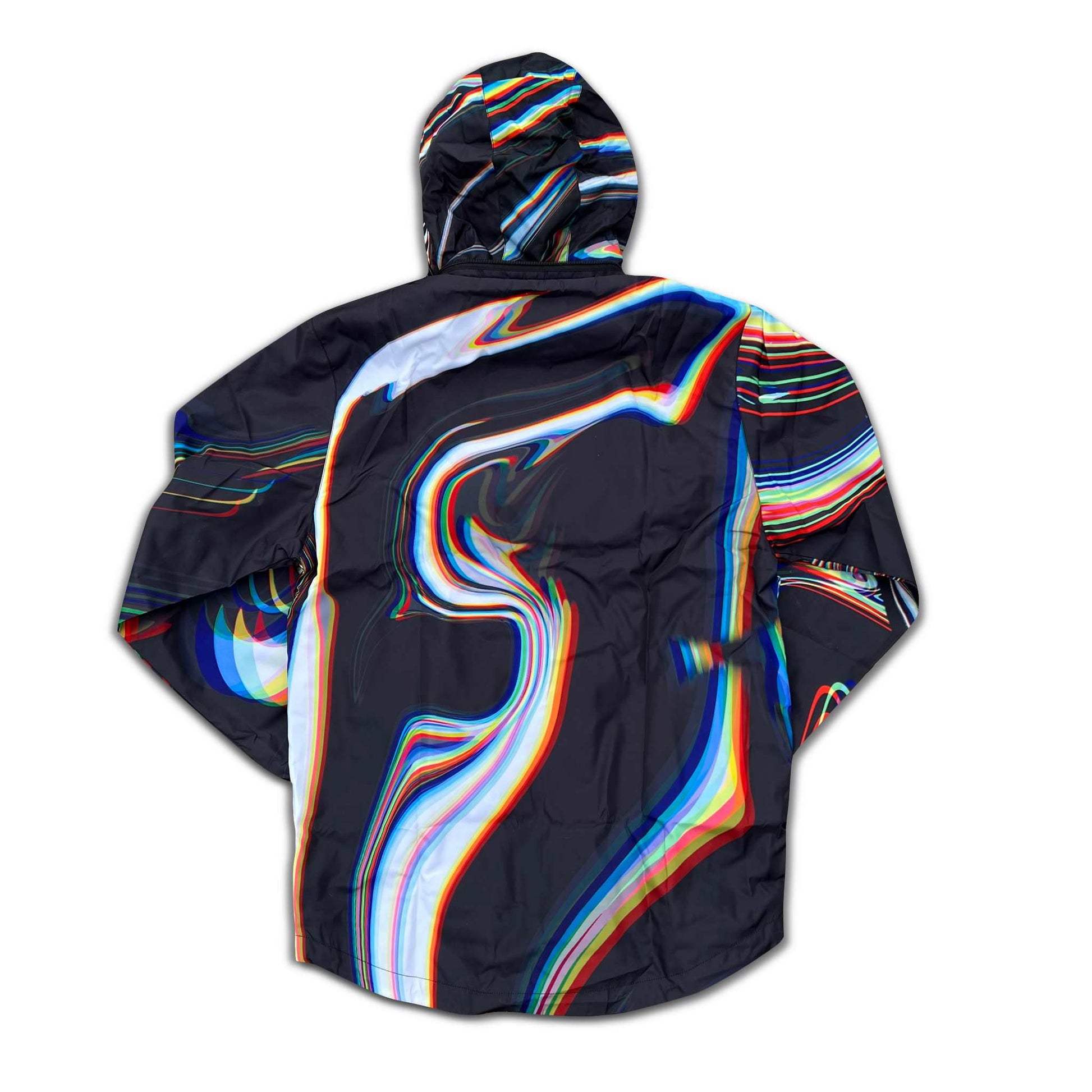Black windbreaker jacket from Drip Drop Labs Super Future collection, featuring lightweight, sporty design with a hood and zip closure.
