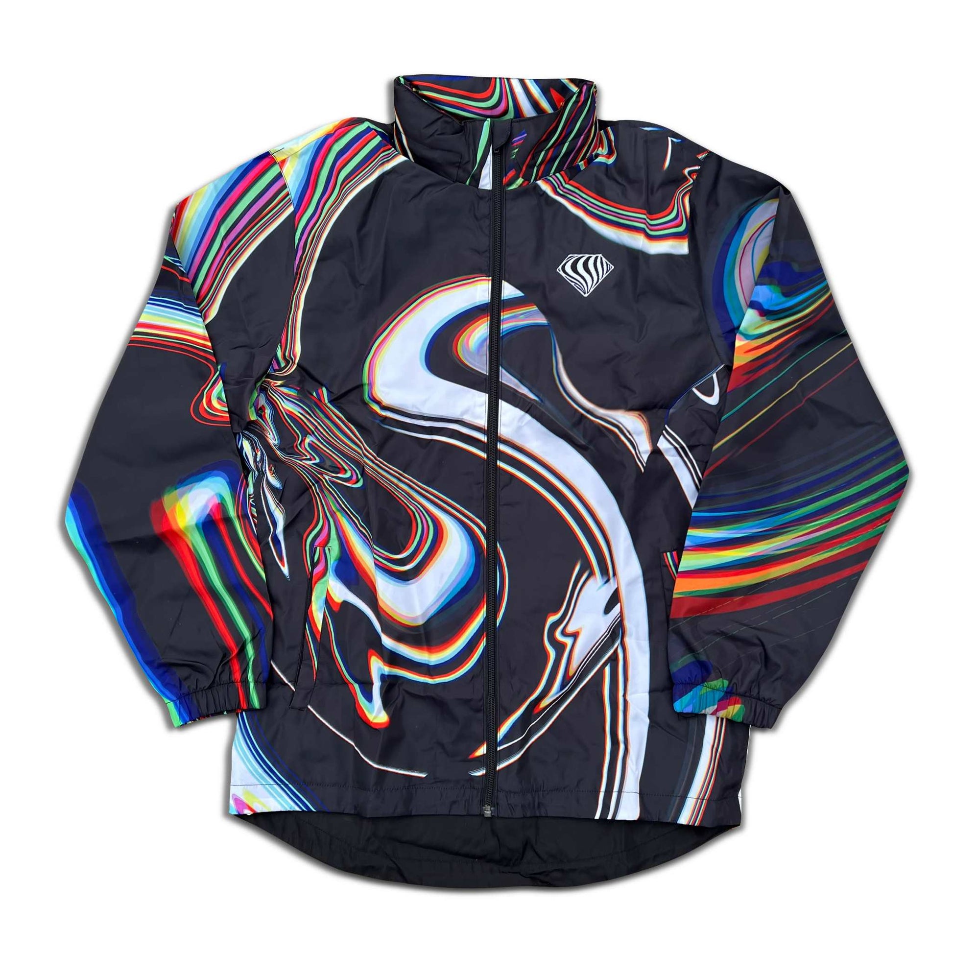 Black windbreaker jacket from Drip Drop Labs' Super Future collection, featuring a lightweight, wind-resistant design.
