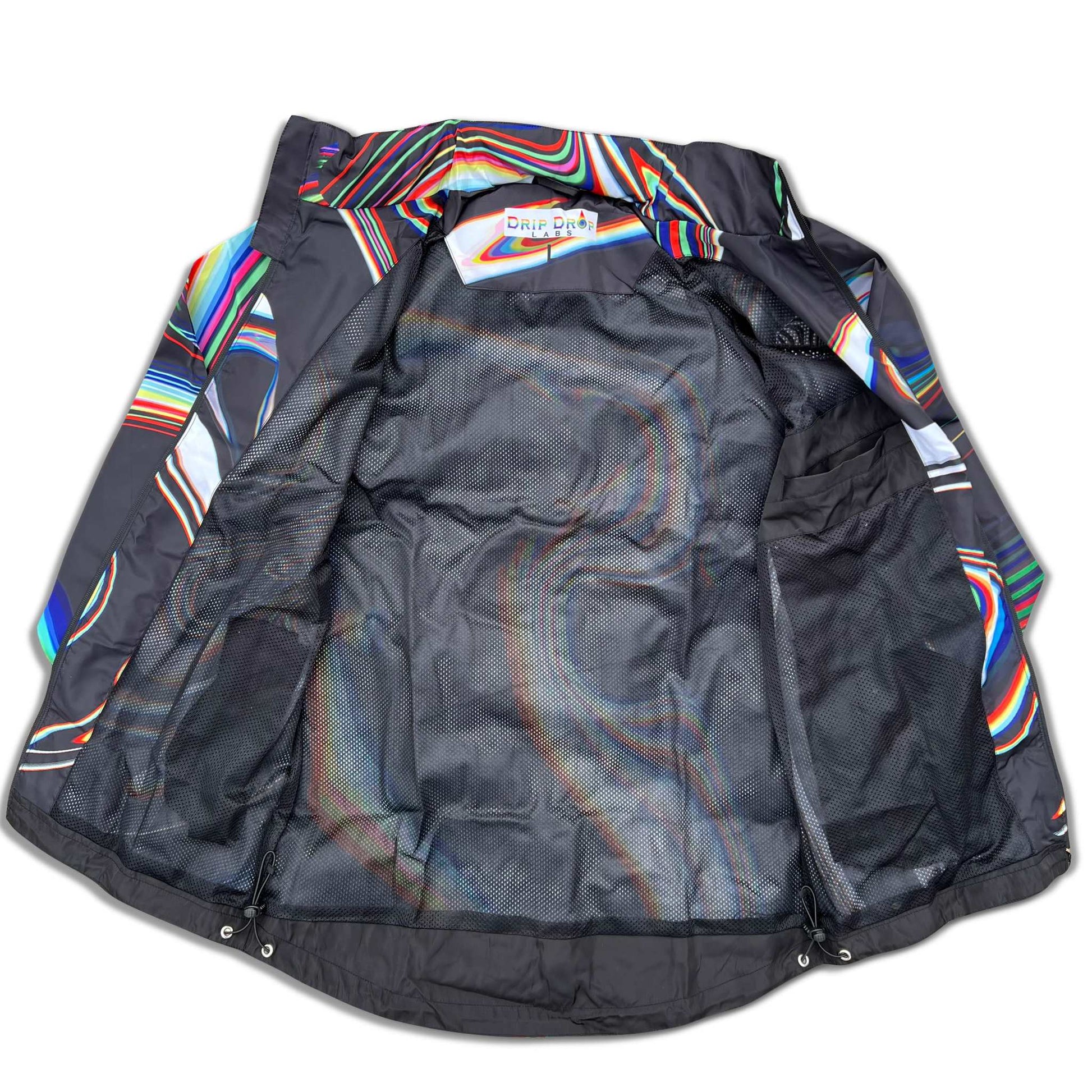 Black Super Future windbreaker by Drip Drop Labs, lightweight jacket with hood and zip-up front, suitable for casual outdoor wear.