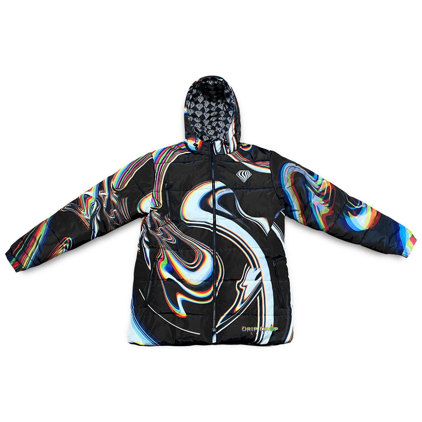 Black winter coat by Drip Drop Labs, Super Future design, featuring a stylish, insulated coat with a sleek winter-ready look.