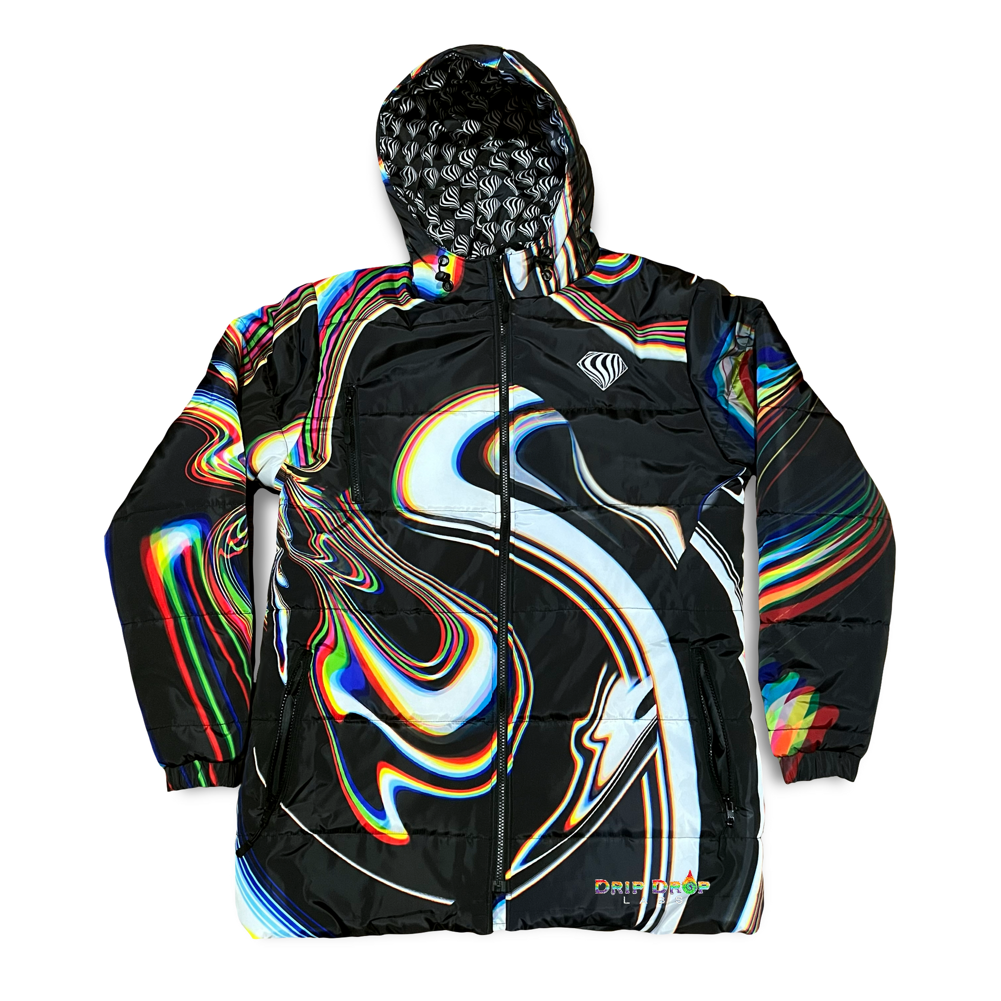 Black winter coat by Drip Drop Labs, Super Future collection, featuring a sleek design and warm, insulated fabric.