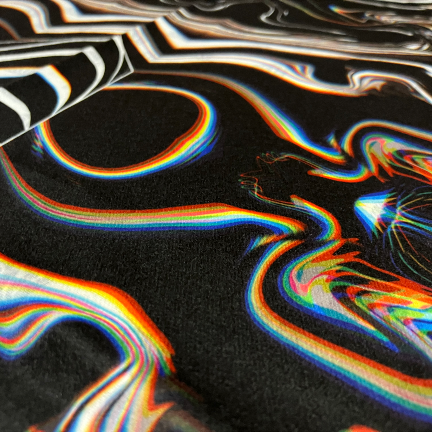 Drip Drop Labs Super Future Pashmina scarf featuring soft, luxurious fabric in vibrant colors, displayed flat.