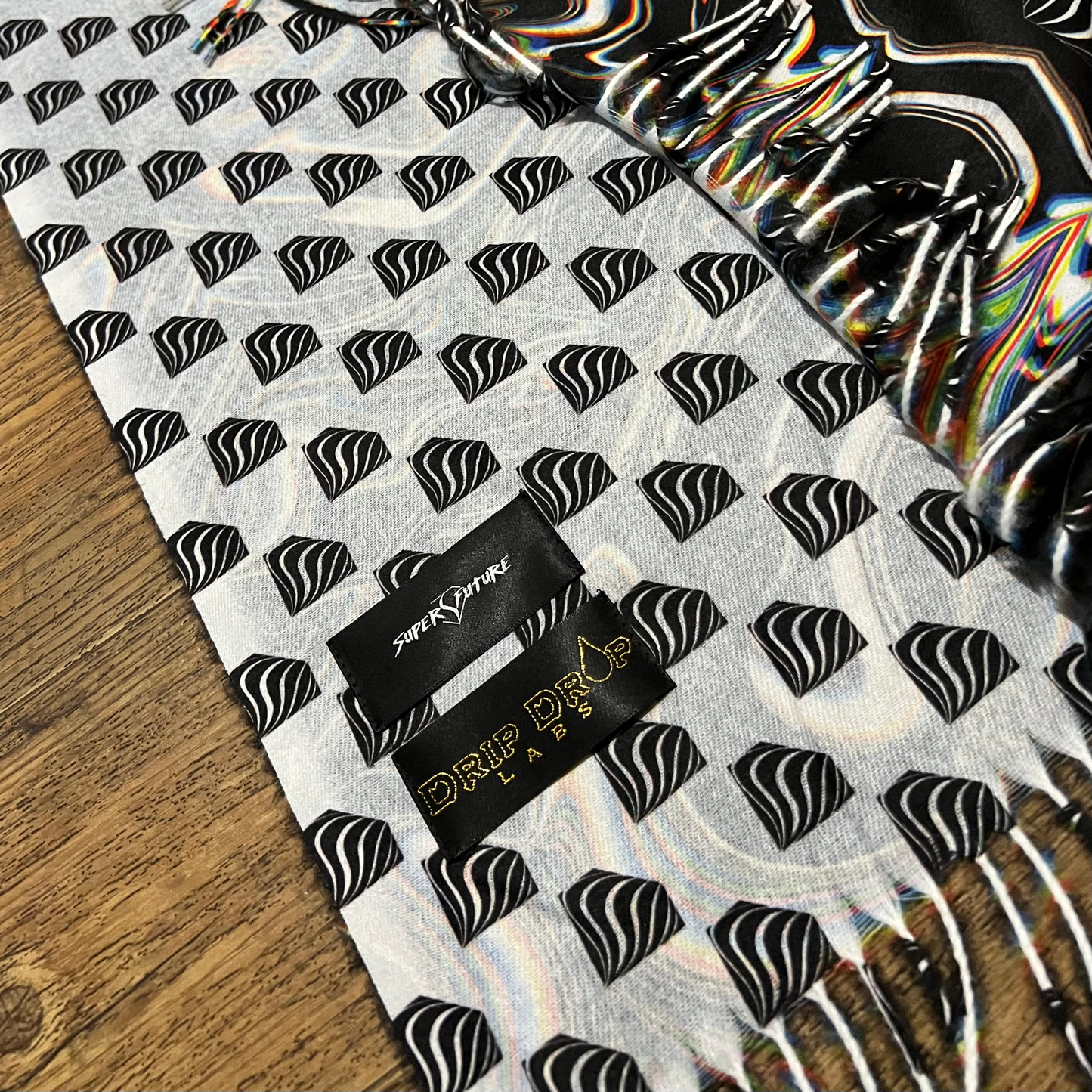Drip Drop Labs Super Future Pashmina scarf in soft, luxurious fabric with intricate patterns, perfect for stylish layering.
