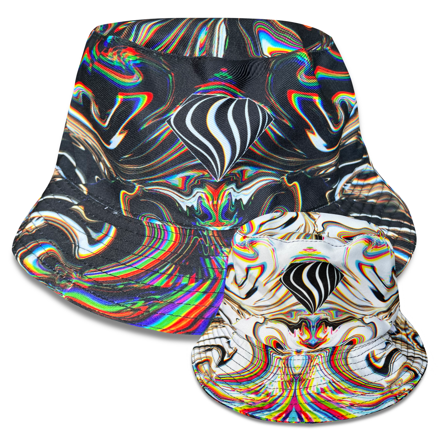 Reversible bucket hat by Drip Drop Labs featuring a bold, colorful pattern and wide brim for sun protection and style.