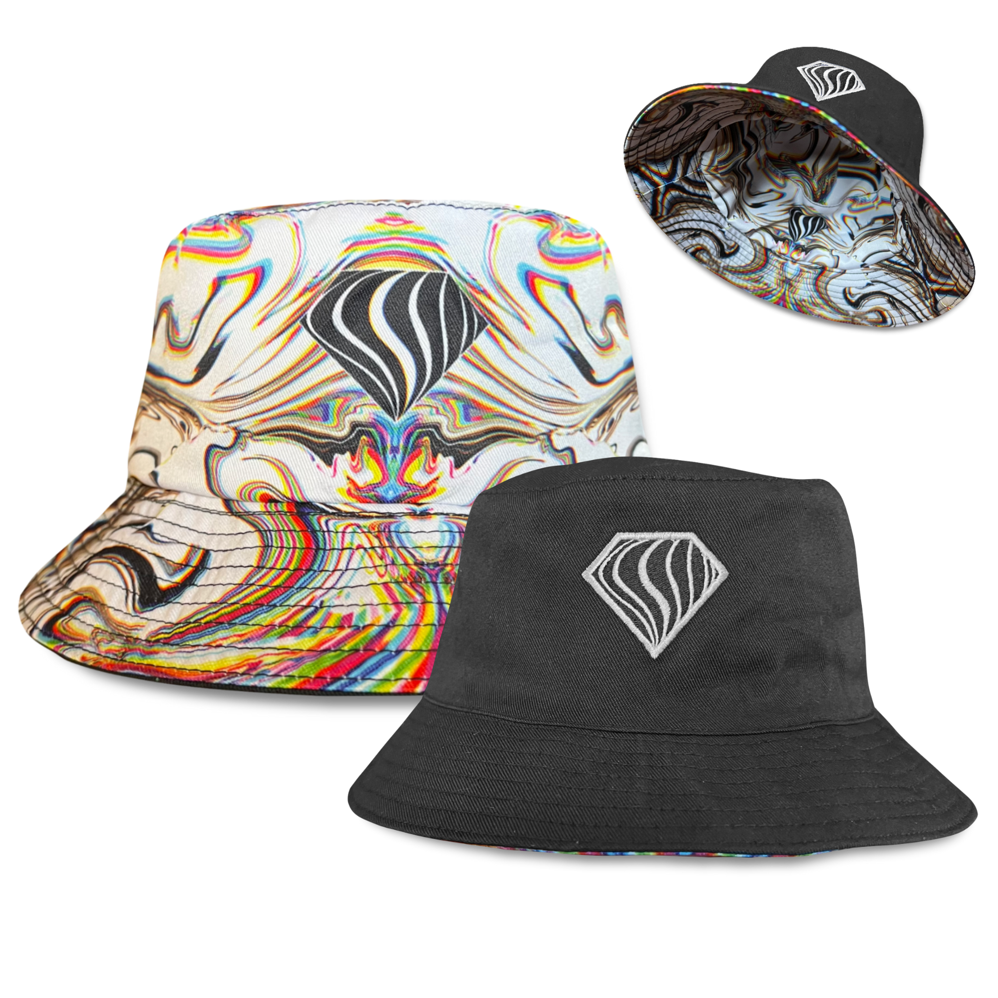 Reversible bucket hat from Drip Drop Labs' Super Future V2 collection, featuring bold patterns and a stylish, casual design.