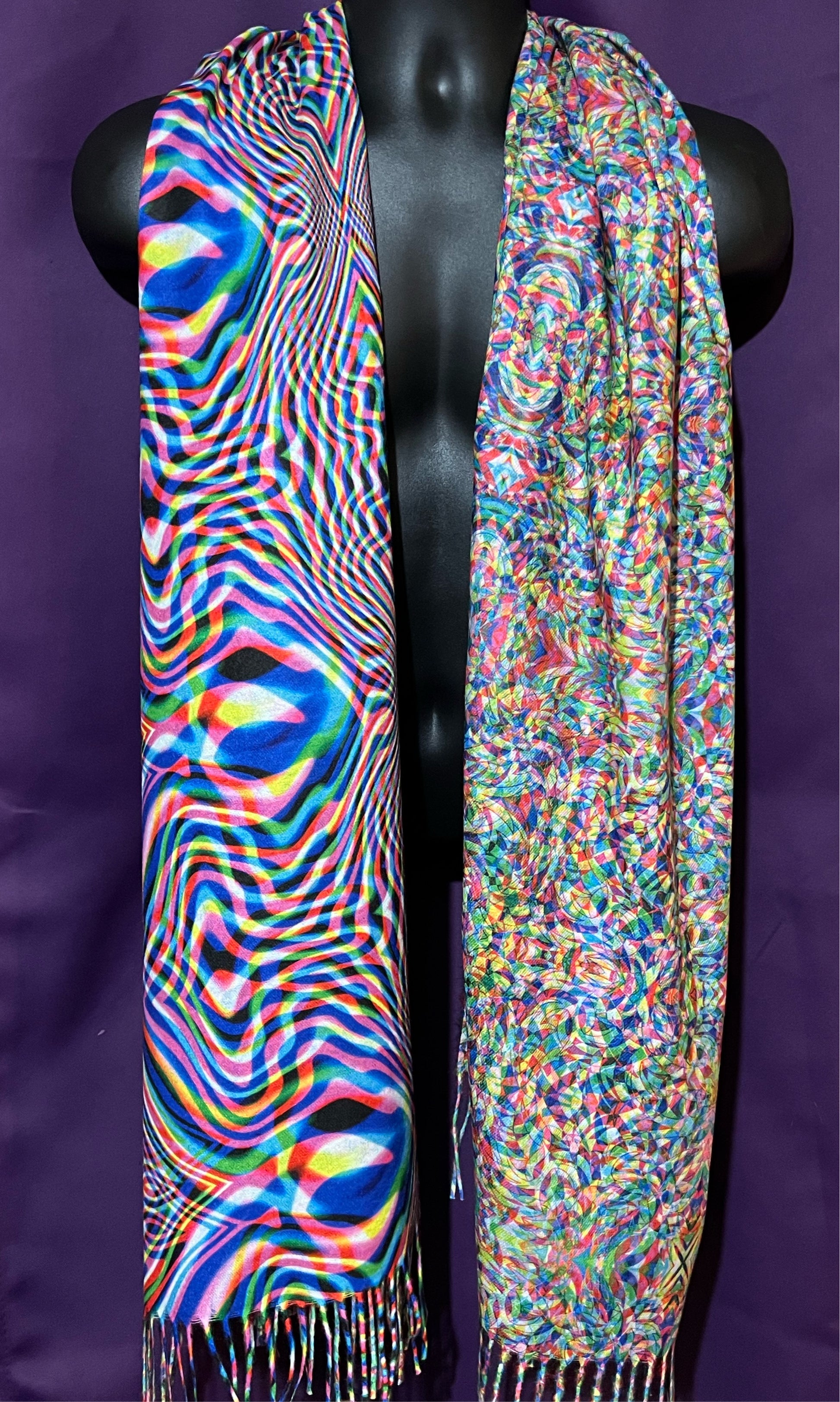 Drip Drop Labs Vibrationz Pashmina scarf featuring soft, lightweight fabric with a vibrant, intricate design.