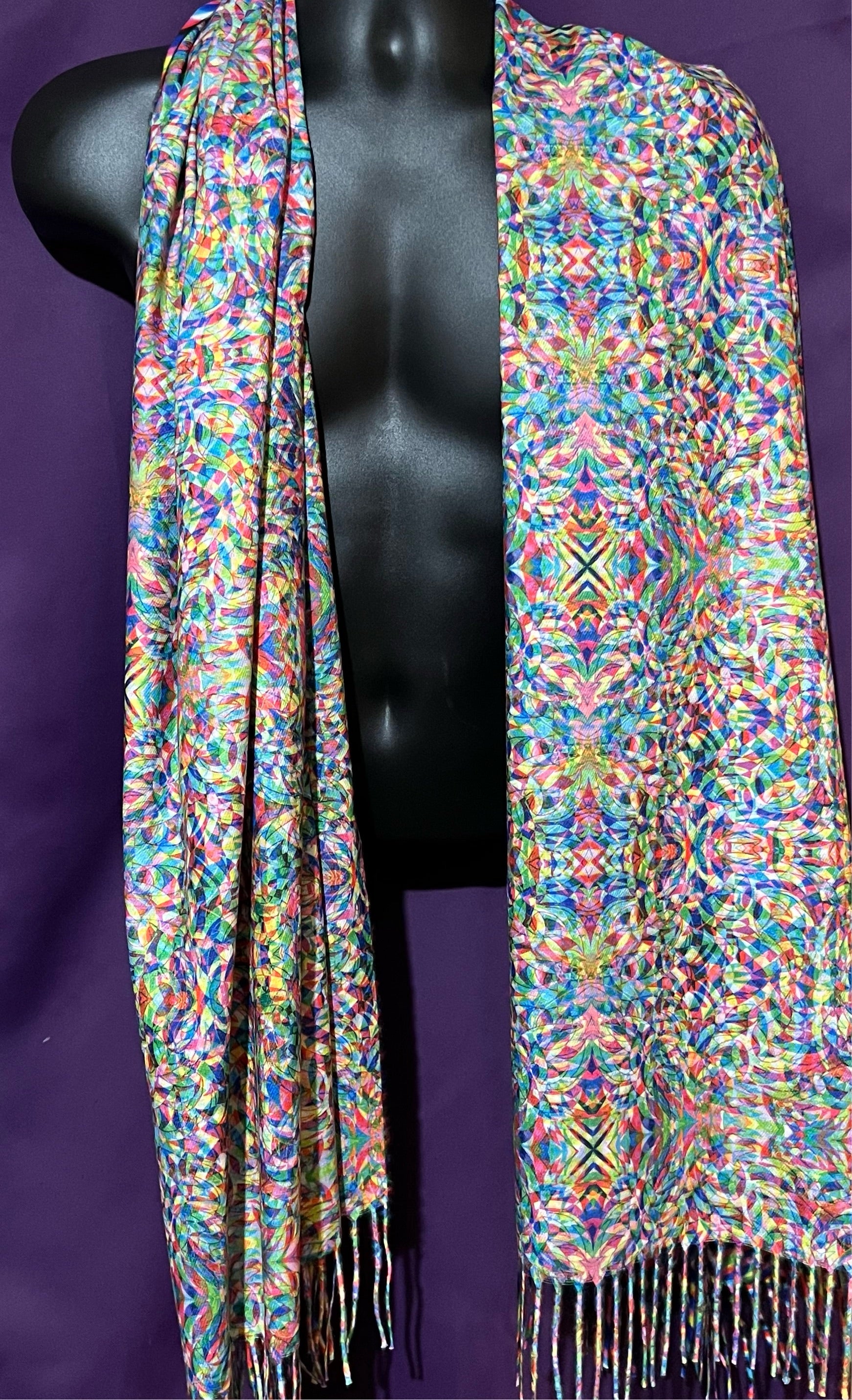 Drip Drop Labs Vibrationz Pashmina scarf featuring soft, luxurious fabric with vibrant color and intricate pattern details.
