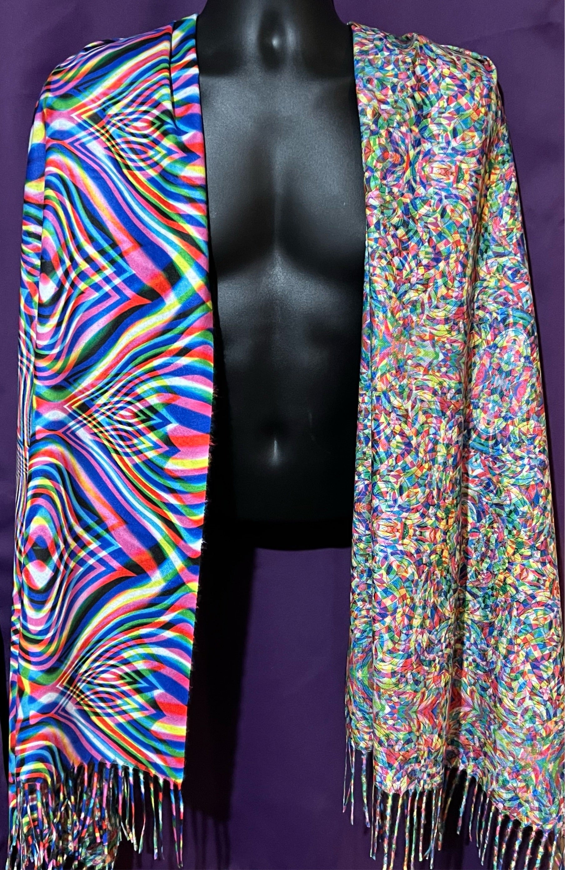 Drip Drop Labs Vibrationz Pashmina scarf featuring soft fabric with vibrant, colorful patterns and elegant drape.
