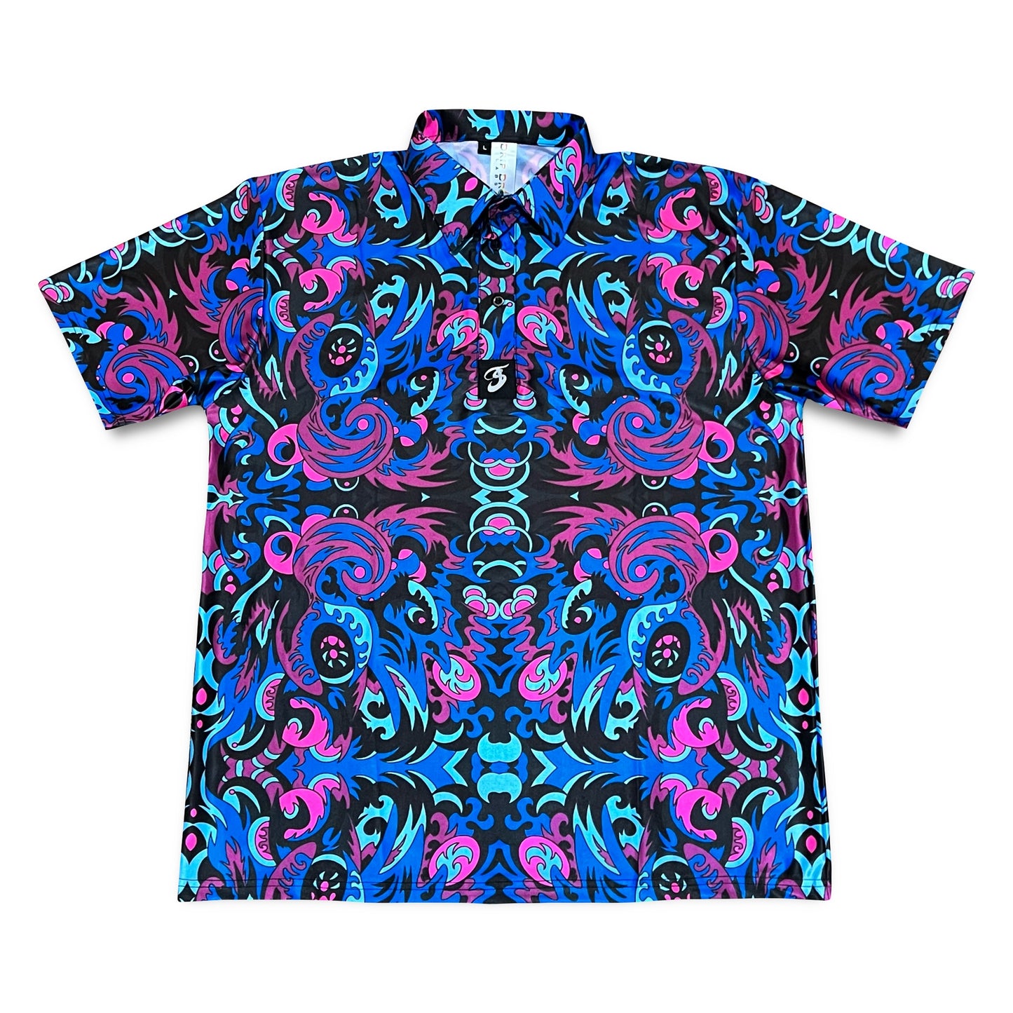 Drip Drop Labs Midnight Forest UV Polo shirt featuring dark green forest print on lightweight fabric.