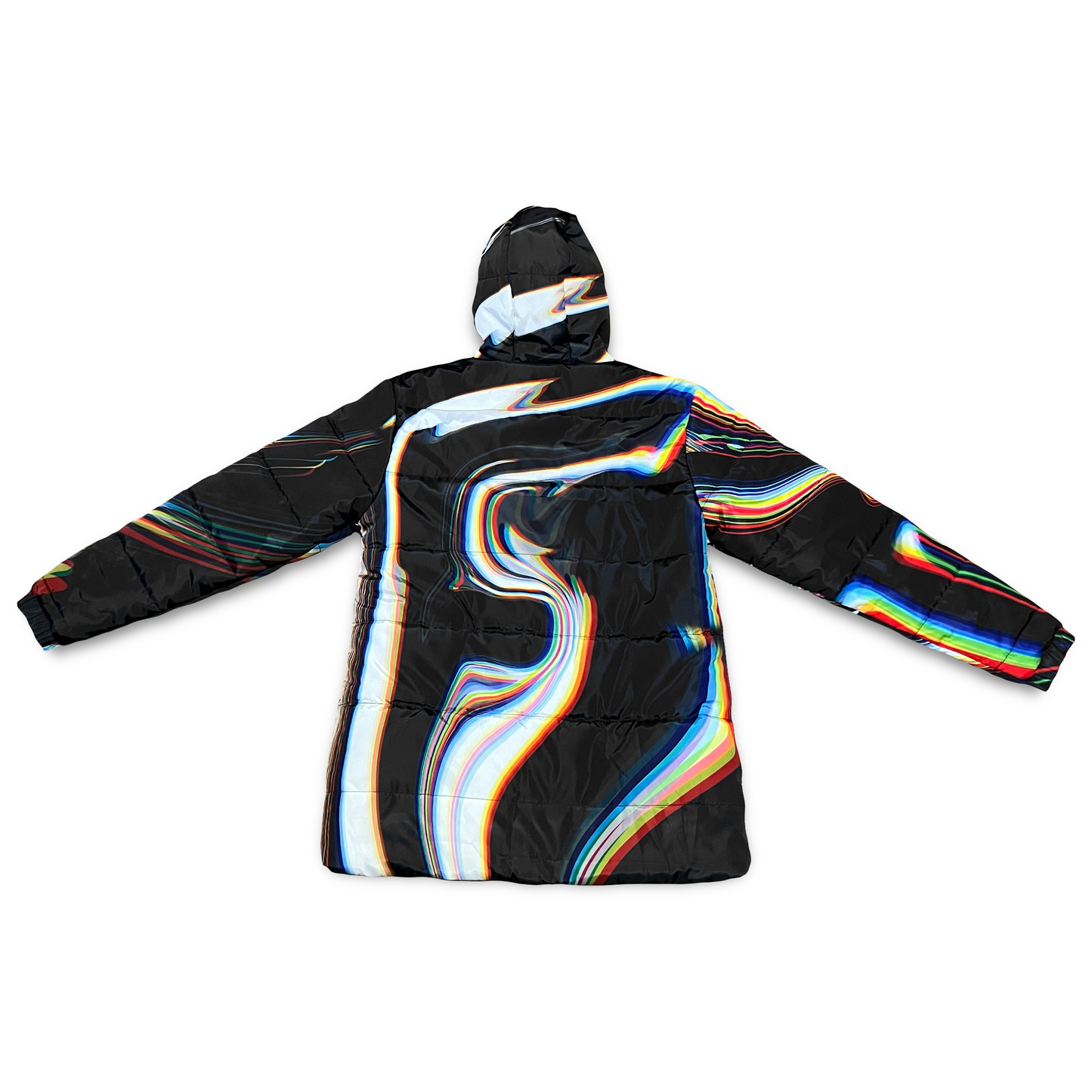 Black winter coat by Drip Drop Labs featuring a sleek design and insulated material for cold weather warmth.
