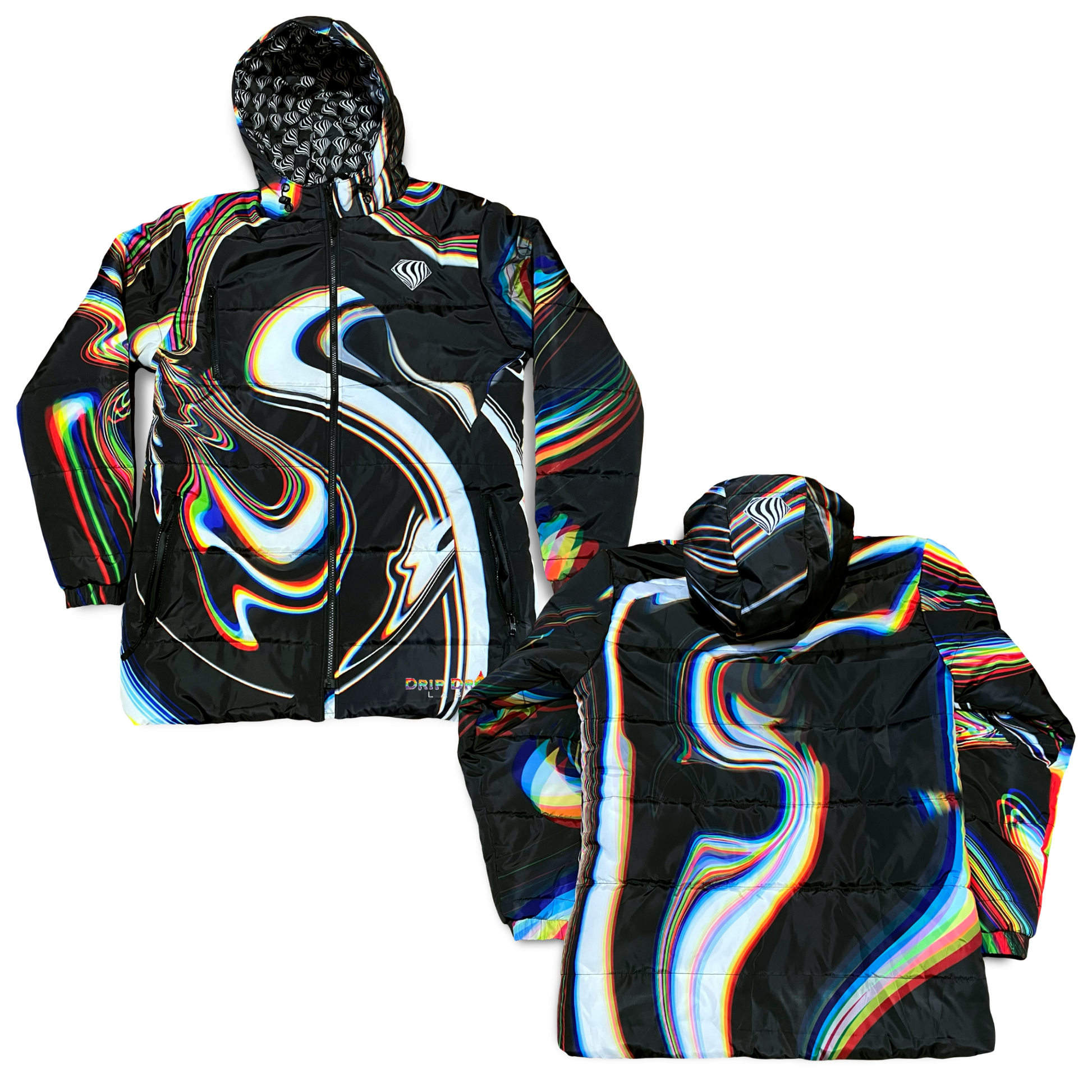 Black winter coat by Drip Drop Labs, featuring a sleek design with a high collar and cozy fabric for cold weather.