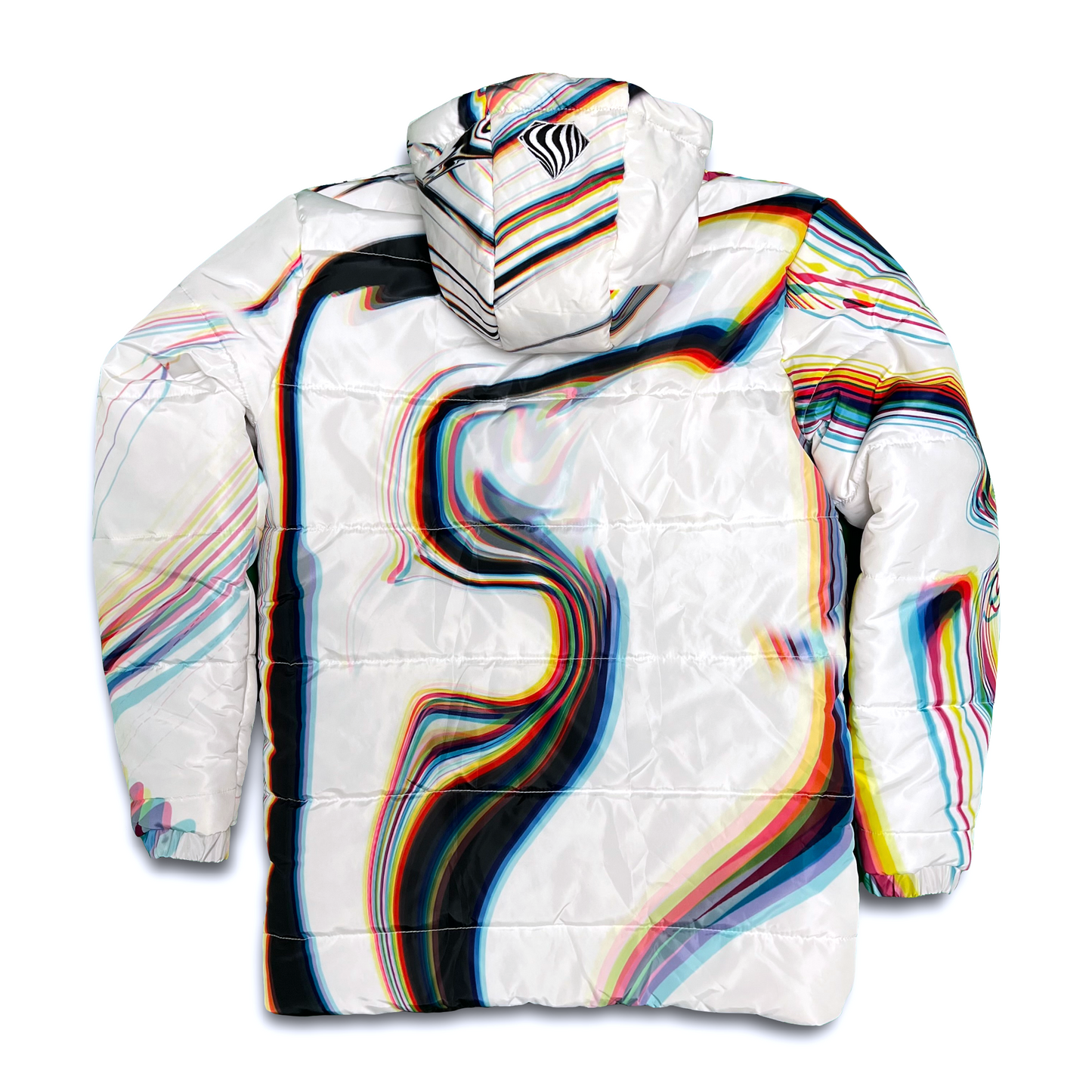 White winter coat by Drip Drop Labs from the Super Future collection, featuring a cozy, stylish coat with a sleek design.