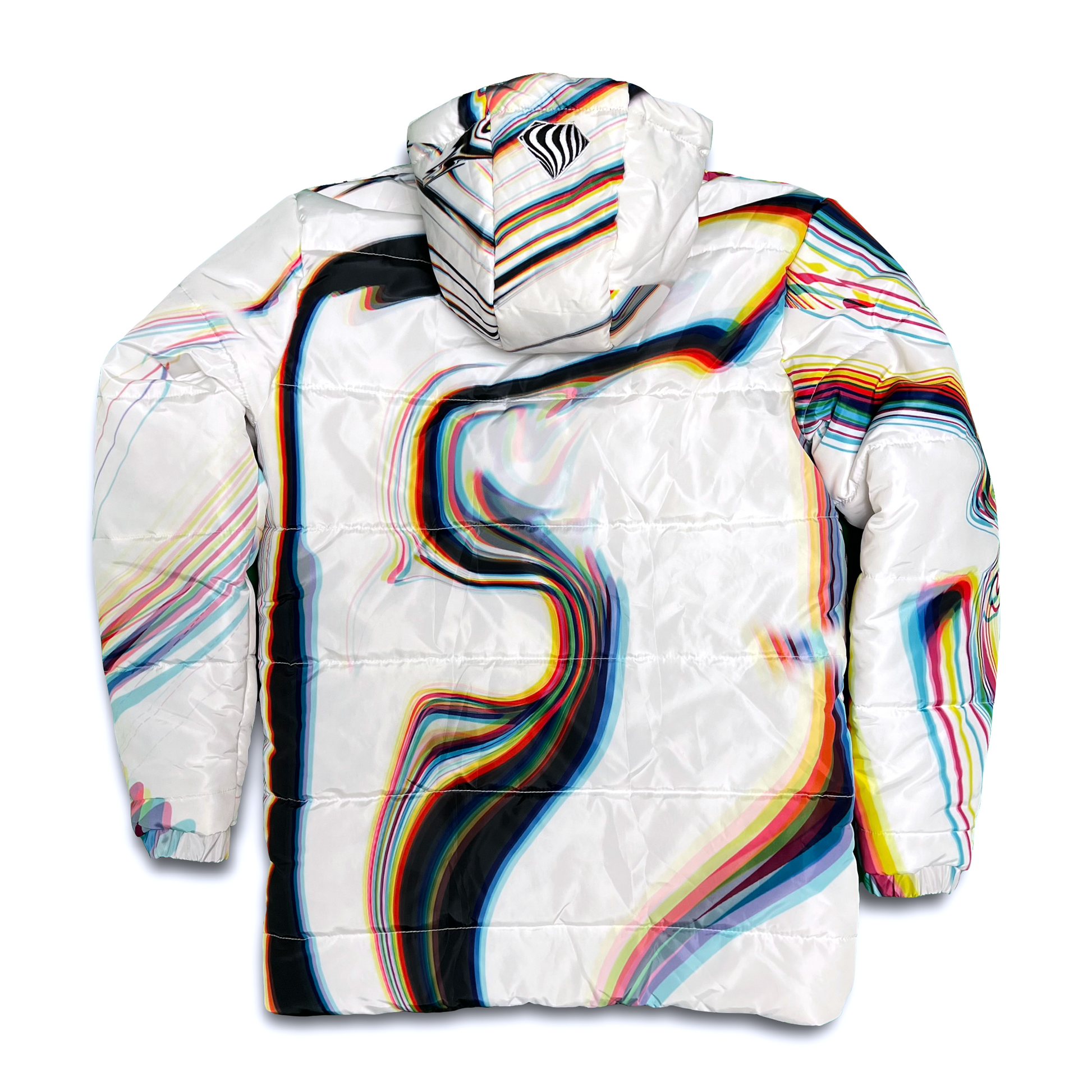 White winter coat by Drip Drop Labs from the Super Future collection, featuring a cozy, stylish coat with a sleek design.