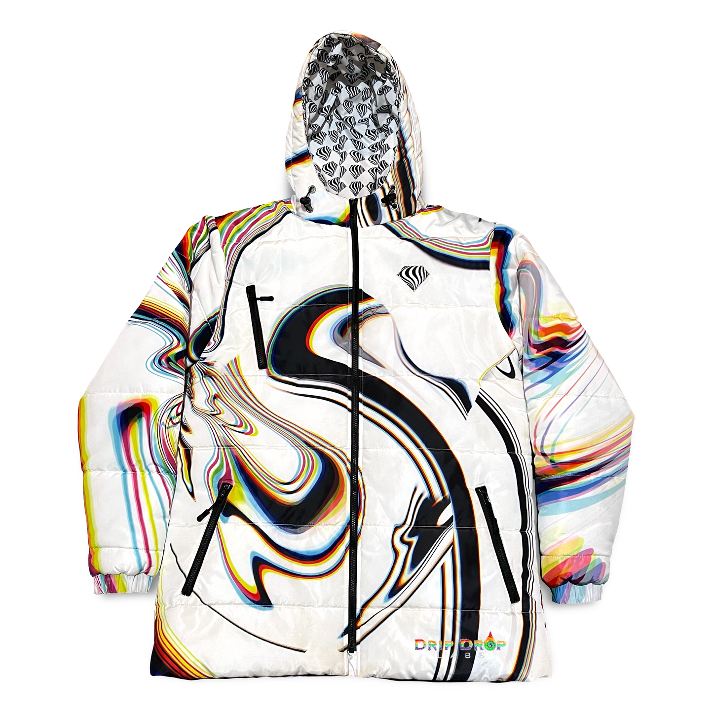 White winter coat by Drip Drop Labs, Super Future collection, featuring a stylish, insulated coat with a sleek design.