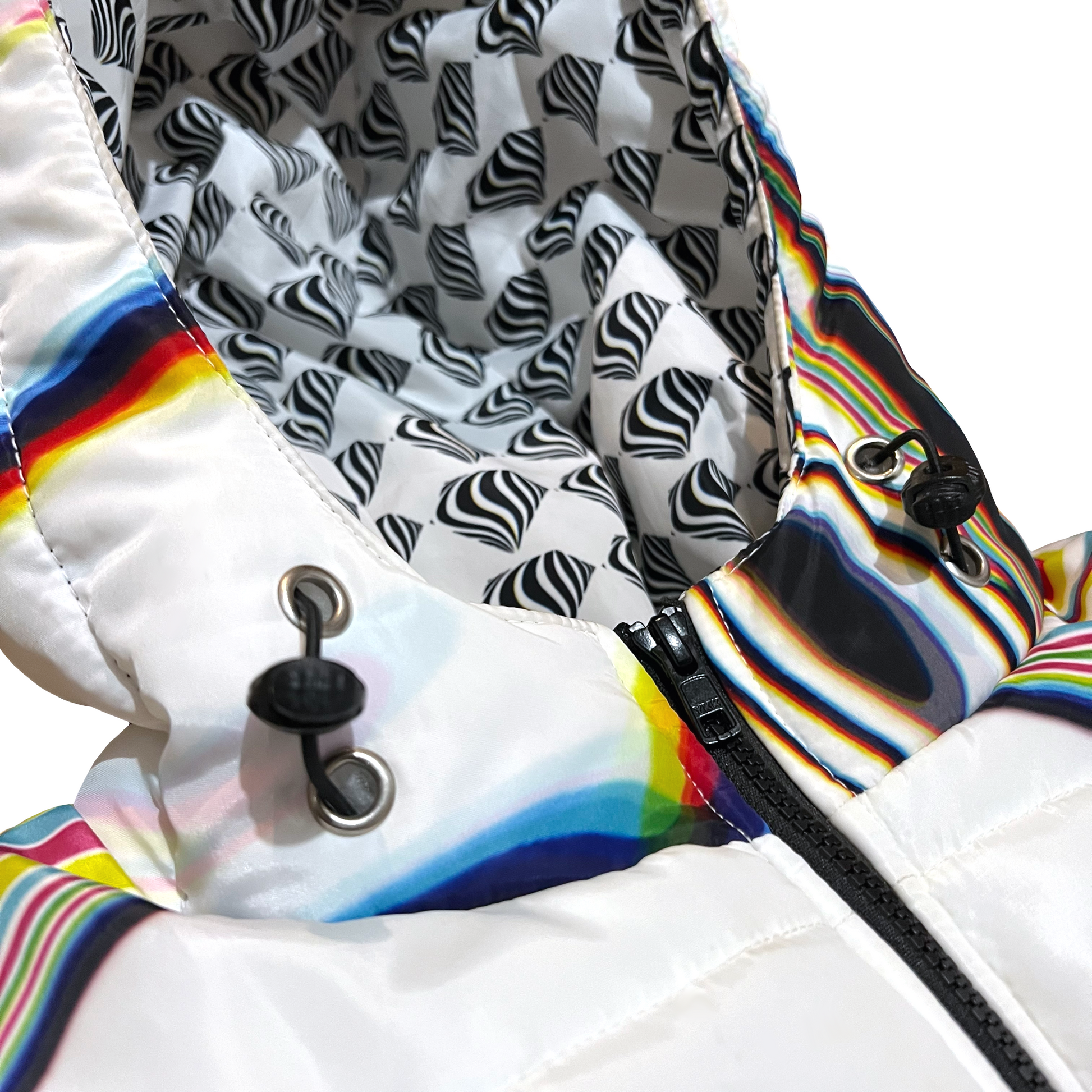 Drip Drop Labs Super Future white winter coat, cozy and stylish, shown on a hanger with a winter backdrop.