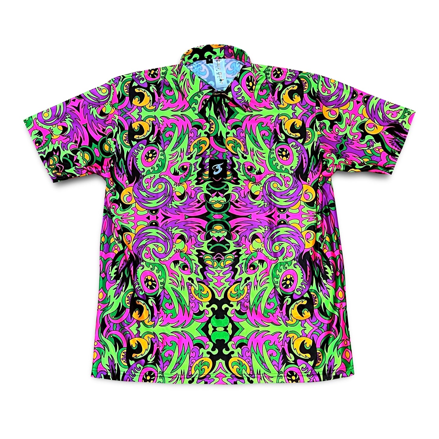 Drip Drop Labs Wild Forest UV Polo shirt in XS, featuring a camouflage pattern and short sleeves.