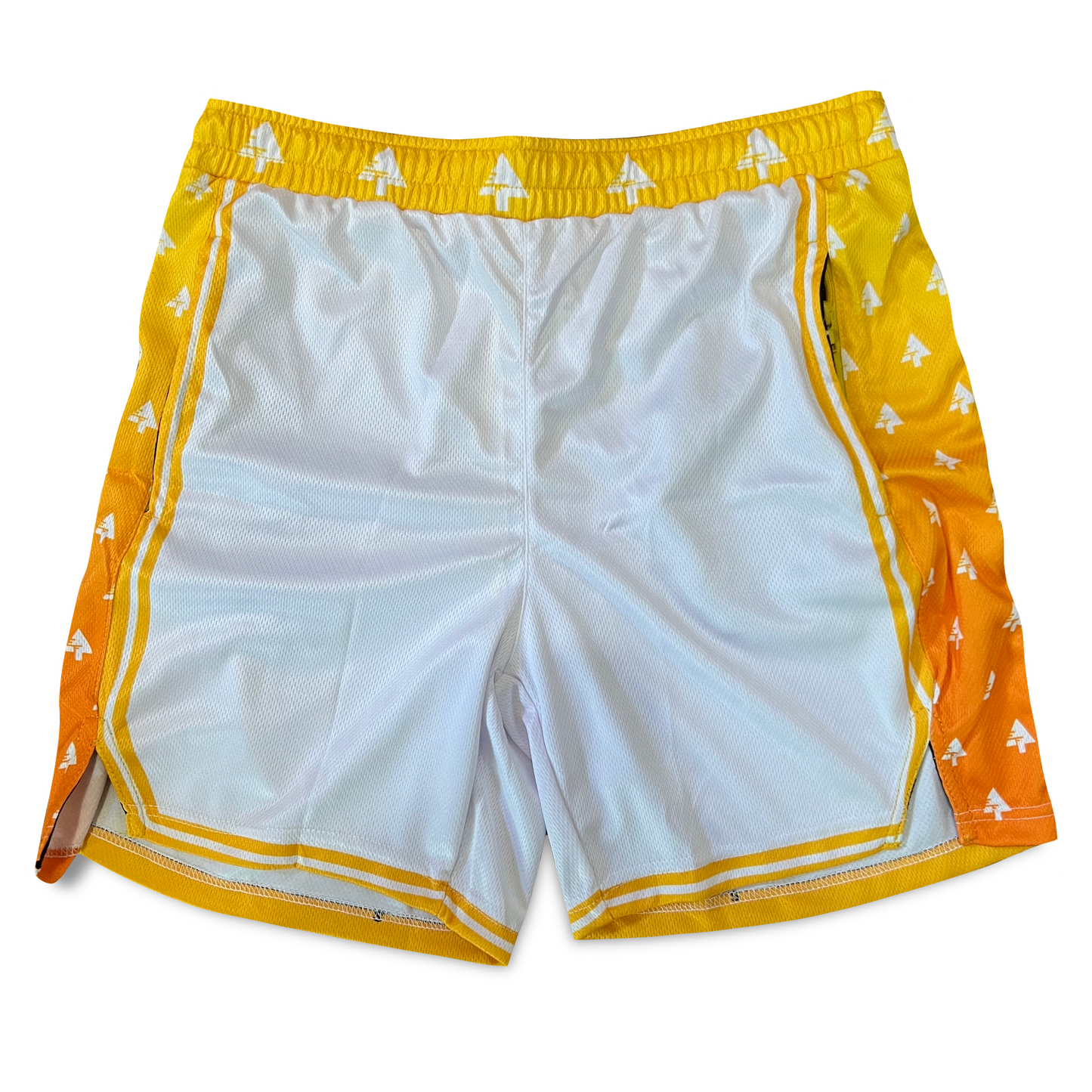 Drip Drop Labs Zen Forest Orange basketball shorts with vibrant orange and green forest print, casual athletic style.
