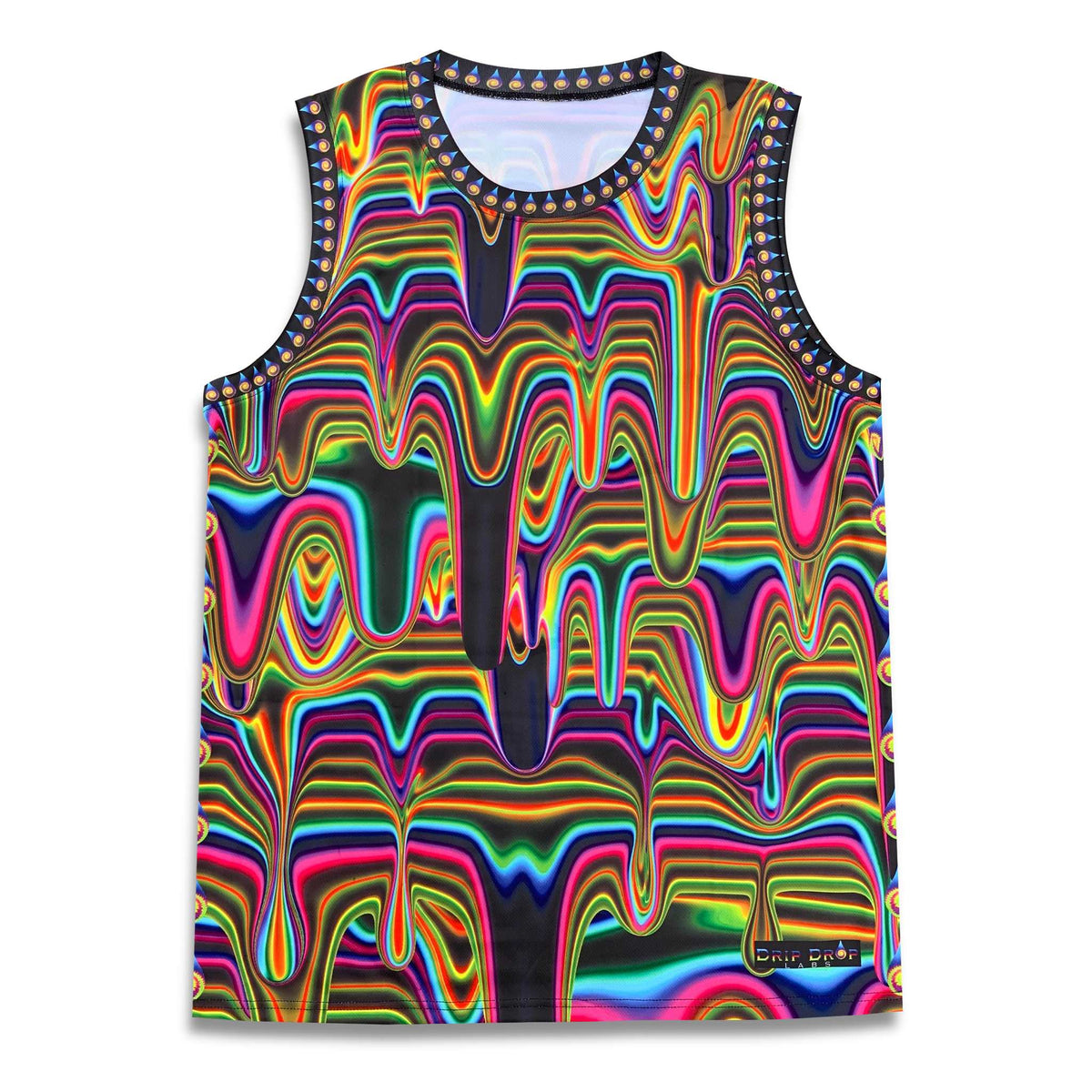 Electric Goo basketball jersey by Drip Drop Labs, featuring vibrant colors and athletic fit for basketball enthusiasts.
