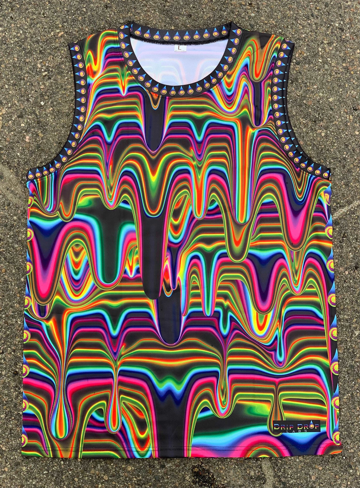 Electric Goo basketball jersey by Drip Drop Labs featuring vibrant colors and athletic design, front view.
