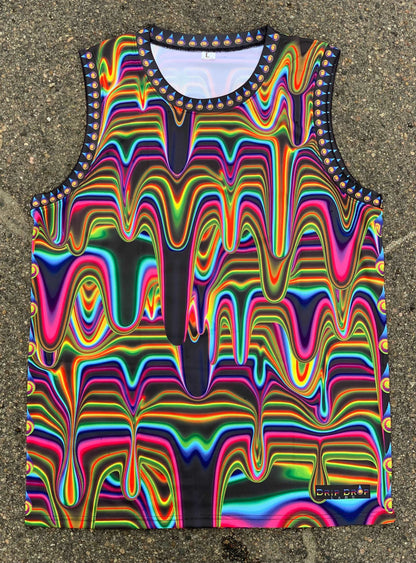 Electric Goo basketball jersey by Drip Drop Labs featuring vibrant colors and athletic design, front view.