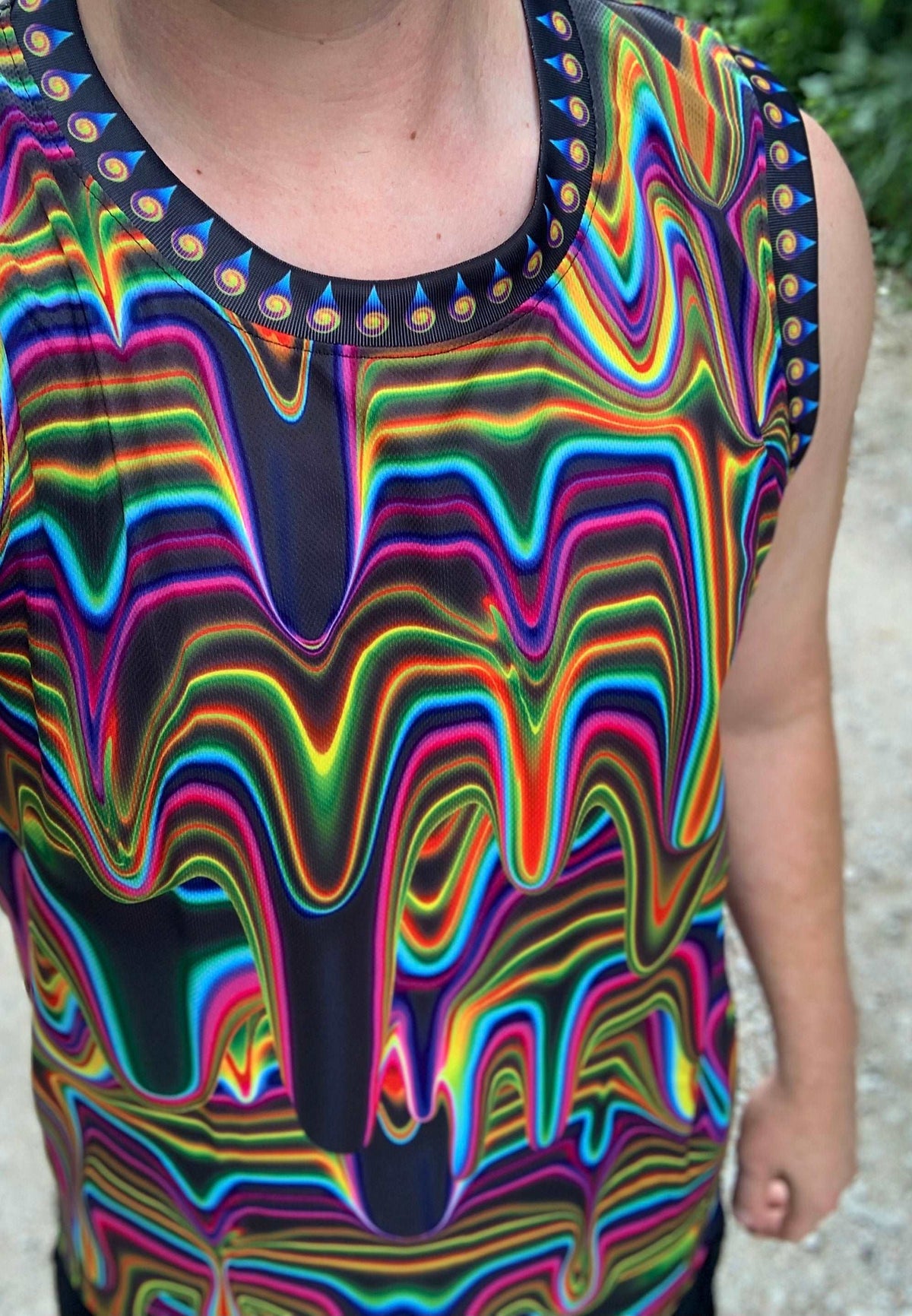 Electric Goo basketball jersey by Drip Drop Labs featuring vibrant colors and sporty design on a sleeveless athletic jersey.