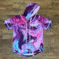 Gray hooded baseball jersey by Drip Drop Labs with front button closure and team logo on the chest.