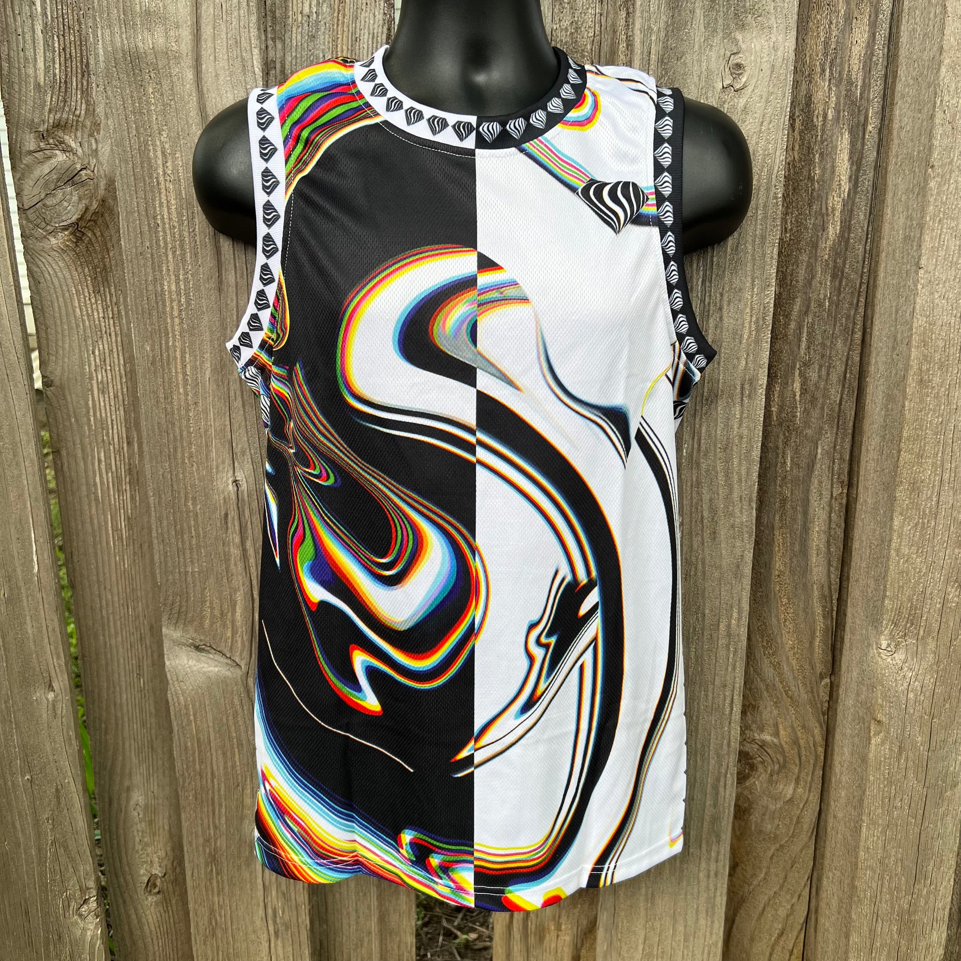 Drip Drop Labs Super Future basketball jersey with split look design, featuring bold colors and athletic style.