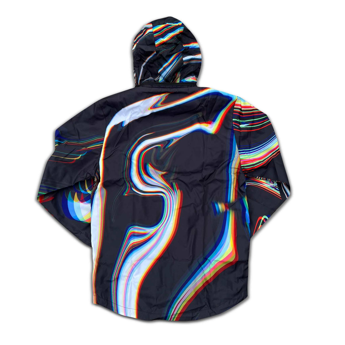 Black windbreaker jacket from Drip Drop Labs Super Future collection, featuring lightweight, sporty design with a hood and zip closure.