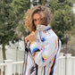 White Super Future windbreaker by Drip Drop Labs, lightweight jacket with a sleek design and hood for casual outdoor wear.