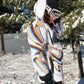 White winter coat from Drip Drop Labs' Super Future collection, featuring a stylish design and warm, insulated fabric.