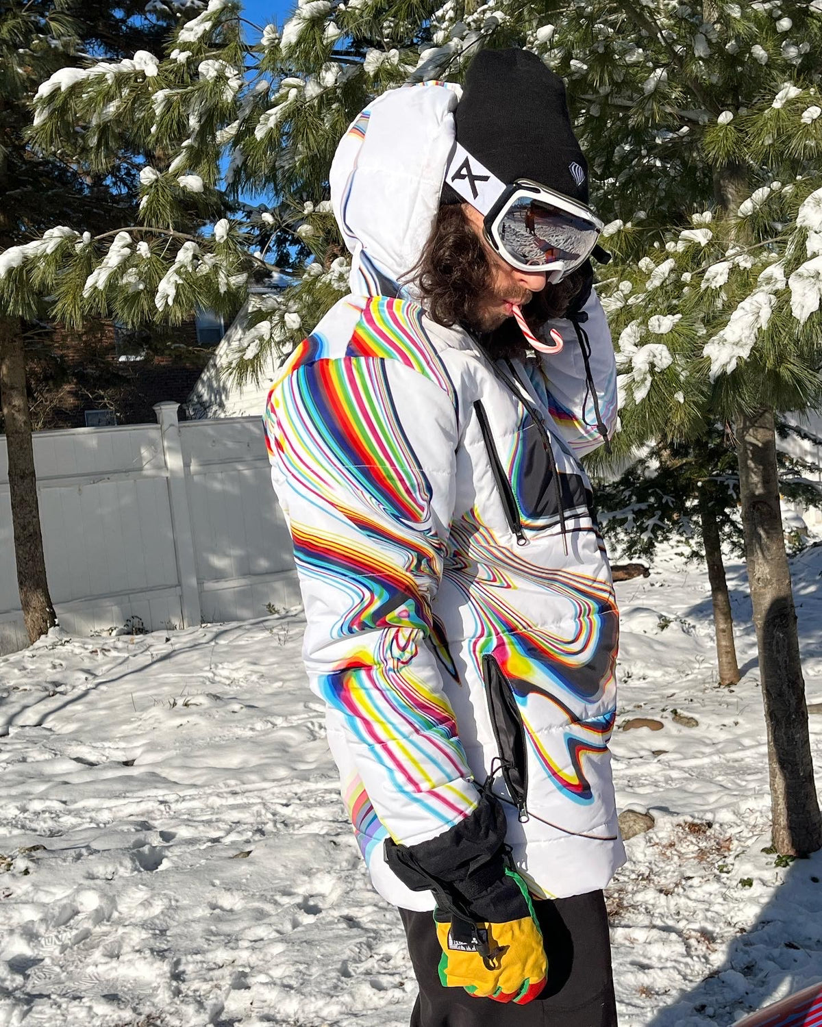 White winter coat from Drip Drop Labs' Super Future collection, featuring a stylish design and warm, insulated fabric.