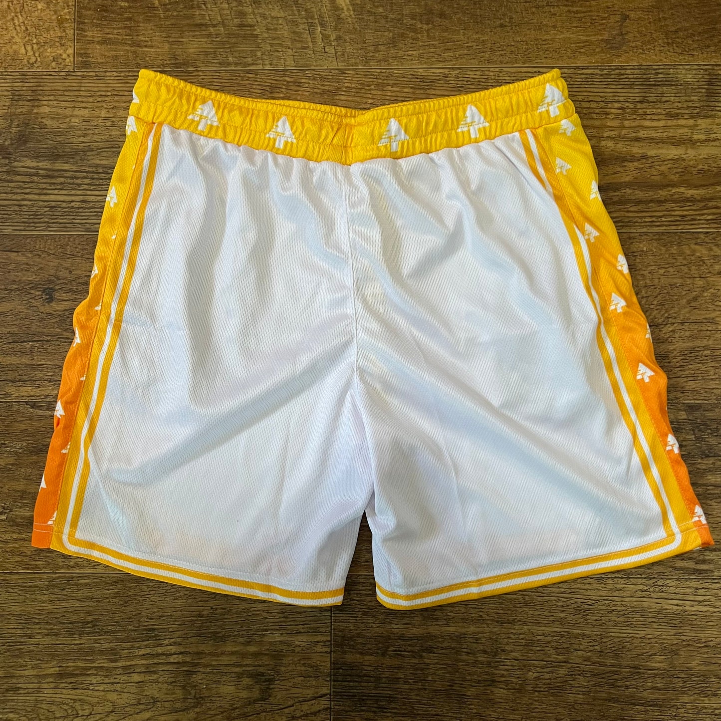 Drip Drop Labs Zen Forest Orange basketball shorts with vibrant forest-inspired print, lightweight athletic design, and comfortable fit.